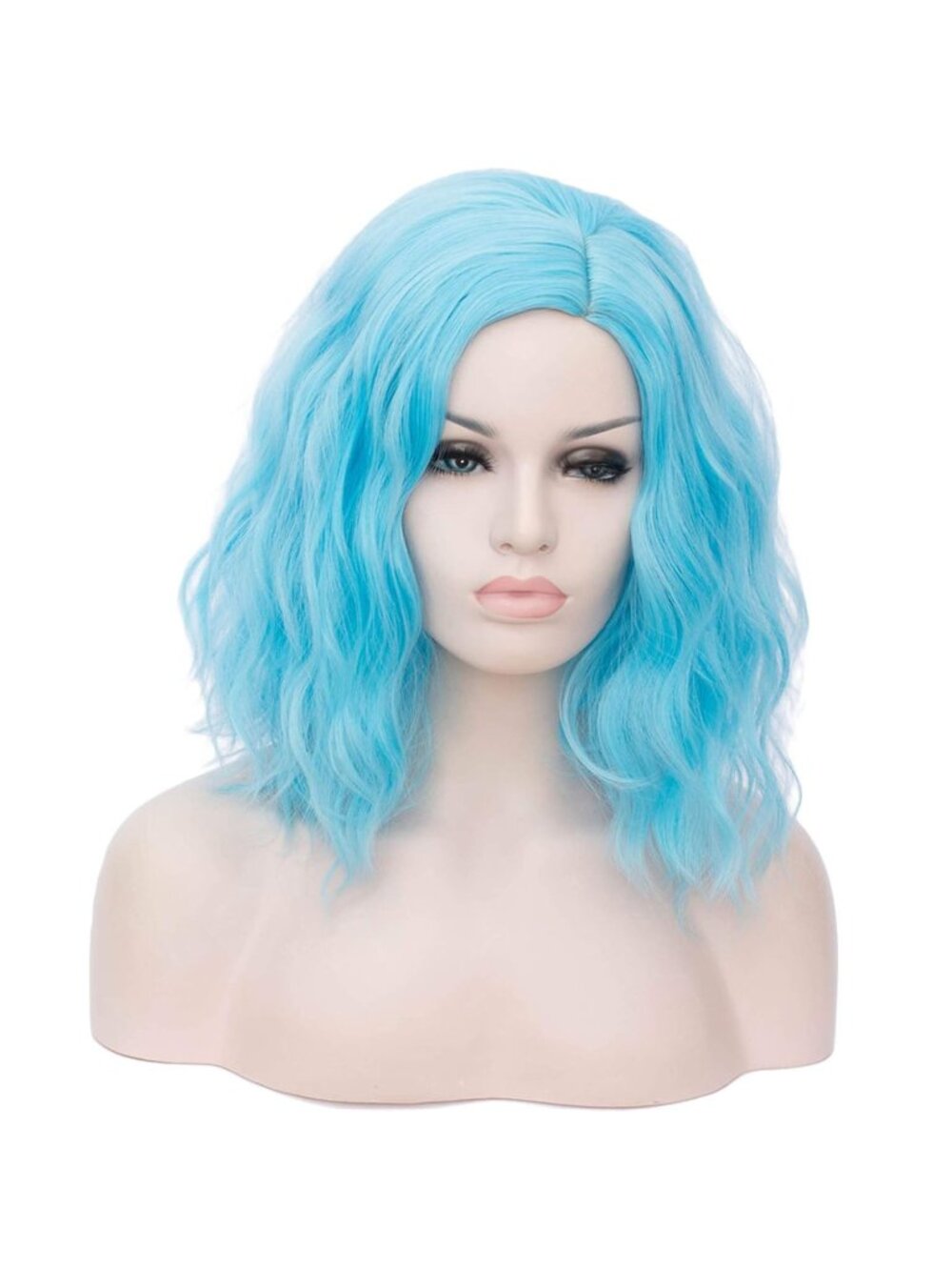 Women Sky blue Heat Resitant Wavy Curly Cosplay Halloween Bob Party Wig